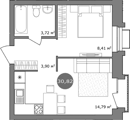 Планировка 2е-к.кв 30.80 м² в ЖК «19/56 Кварталы Телецентра»