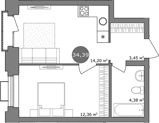 Планировка 2е-к.кв 34.00 м² в ЖК «19/56 Кварталы Телецентра»