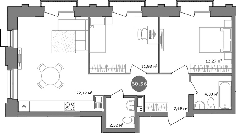 Планировка 3е-к.кв 60.30 м² в ЖК «19/56 Кварталы Телецентра»