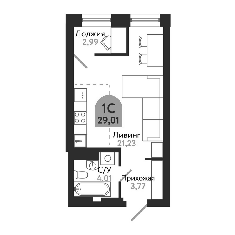 Планировка студии 29.01 м² в ЖК «Квартал 1604. Томск»