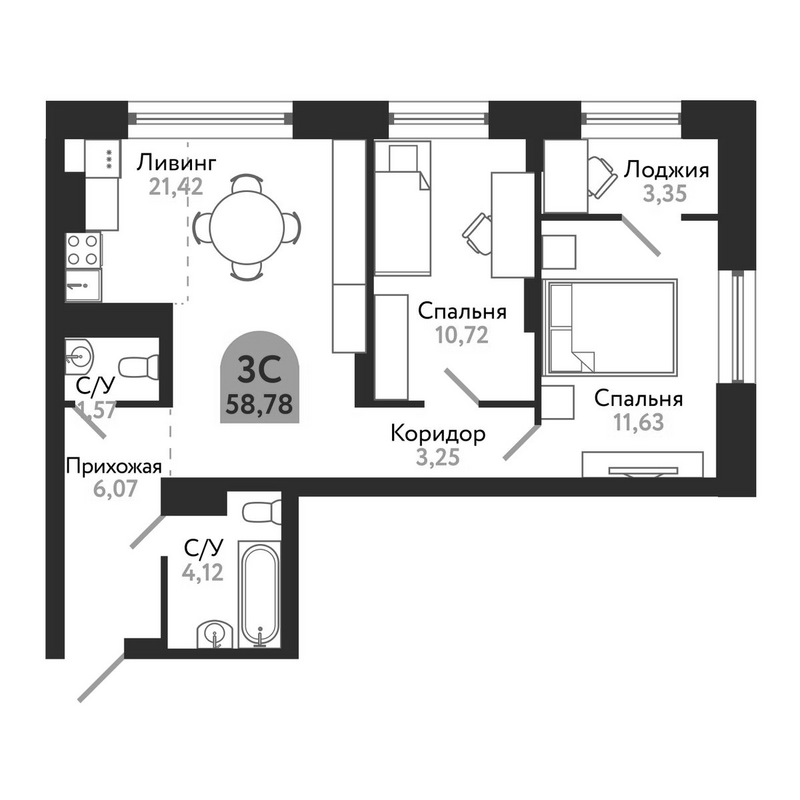 Планировка 3е-к.кв 58.78 м² в ЖК «Квартал 1604. Томск»