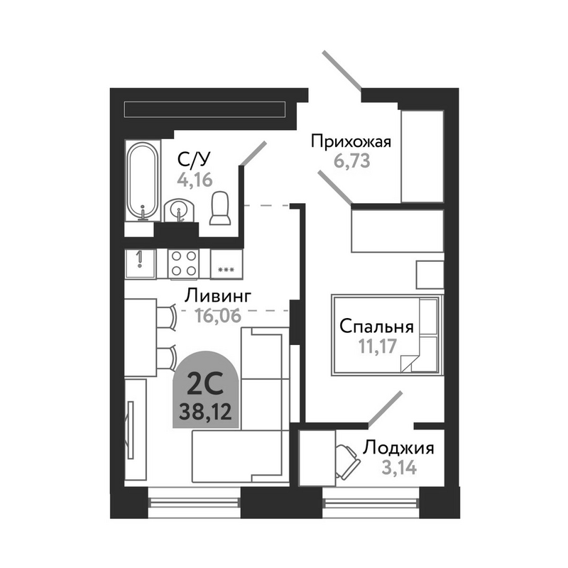 Планировка 2е-к.кв 38.12 м² в ЖК «Квартал 1604. Томск»