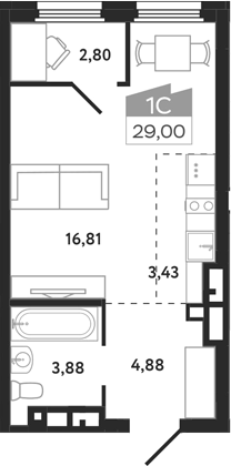 Планировка студии 29.00 м² в ЖК «Квартал 1604. Томск»