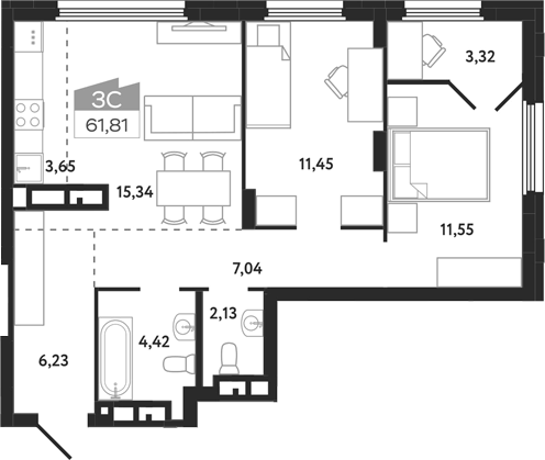 Планировка 3е-к.кв 61.81 м² в ЖК «Квартал 1604. Томск»
