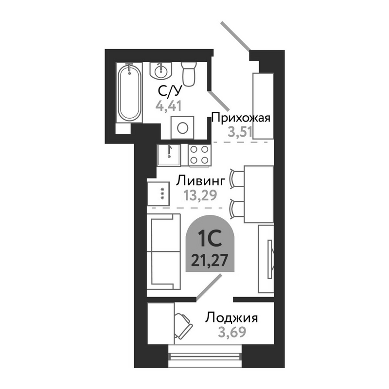Планировка студии 21.27 м² в ЖК «Квартал 1604. Томск»