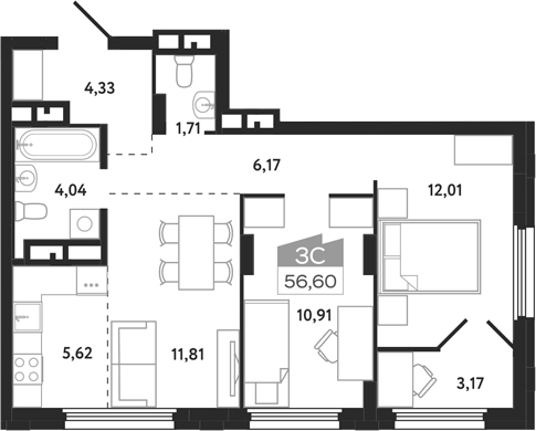 Планировка 3е-к.кв 56.60 м² в ЖК «Квартал 1604. Томск»