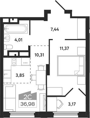 Планировка 2е-к.кв 36.98 м² в ЖК «Квартал 1604. Томск»