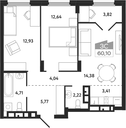 Планировка 3е-к.кв 60.10 м² в ЖК «Квартал 1604. Томск»