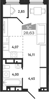 Планировка студии 28.63 м² в ЖК «Квартал 1604. Томск»