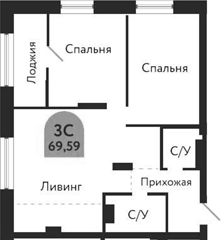 Планировка 3е-к.кв 69.59 м² в ЖК «Квартал 1604. Томск»