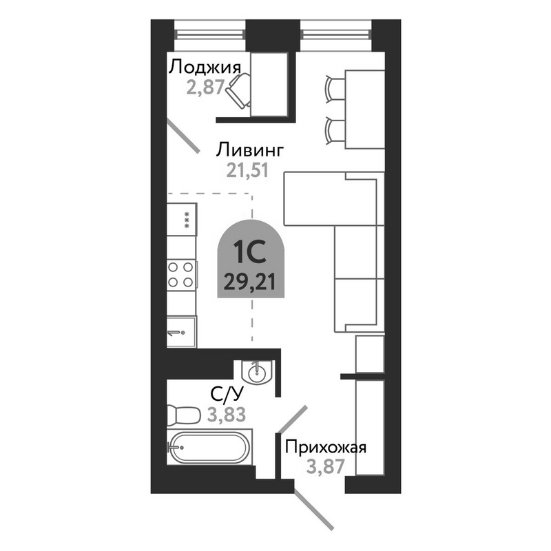 Планировка студии 29.21 м² в ЖК «Квартал 1604. Томск»