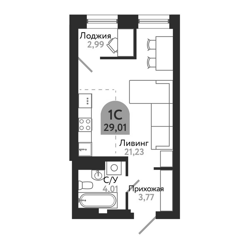 Планировка студии 29.01 м² в ЖК «Квартал 1604. Томск»