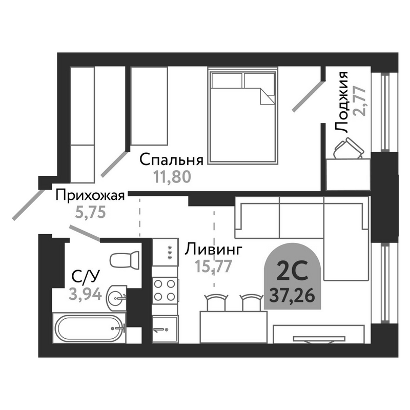 Планировка 2е-к.кв 37.26 м² в ЖК «Квартал 1604. Томск»