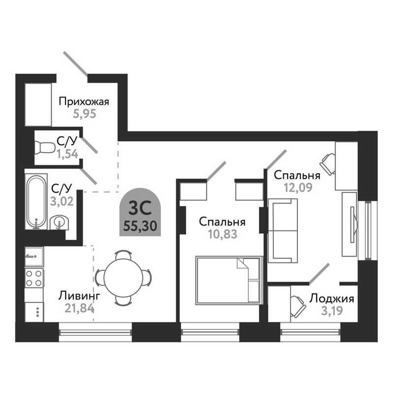 Планировка 3е-к.кв 55.30 м² в ЖК «Квартал 1604. Томск»