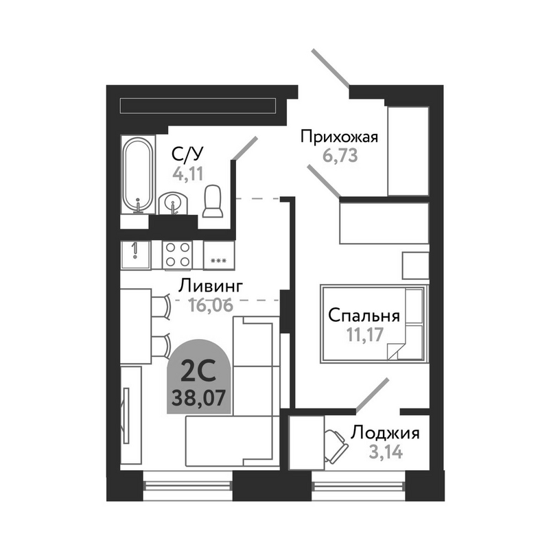 Планировка 2е-к.кв 38.07 м² в ЖК «Квартал 1604. Томск»