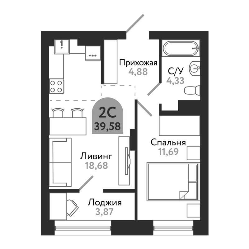 Планировка 2е-к.кв 39.58 м² в ЖК «Квартал 1604. Томск»