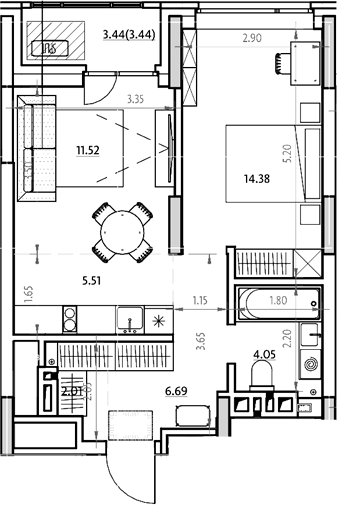 Планировка 2е-к.кв 45.88 м² в ЖК «Звездный. Горно-Алтайск»