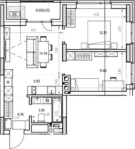 Планировка 3е-к.кв 54.74 м² в ЖК «Звездный. Горно-Алтайск»