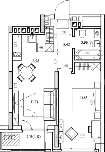 Планировка 2е-к.кв 45.41 м² в ЖК «Звездный. Горно-Алтайск»