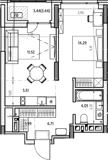 Планировка 2е-к.кв 46.18 м² в ЖК «Звездный. Горно-Алтайск»