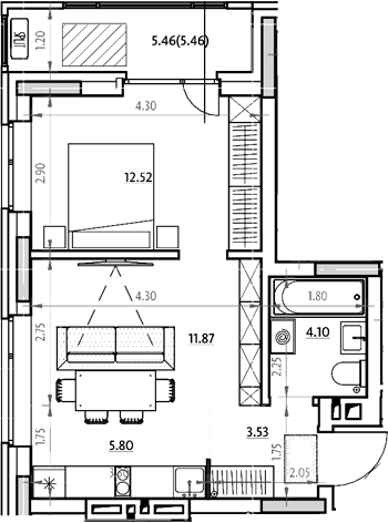 Планировка 2е-к.кв 40.47 м² в ЖК «Звездный. Горно-Алтайск»
