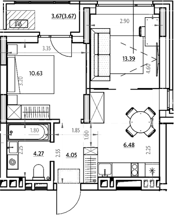 Планировка 2-к.кв 40.76 м² в ЖК «Звездный. Горно-Алтайск»
