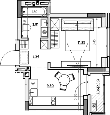 Планировка 1-к.кв 30.02 м² в ЖК «Звездный. Горно-Алтайск»