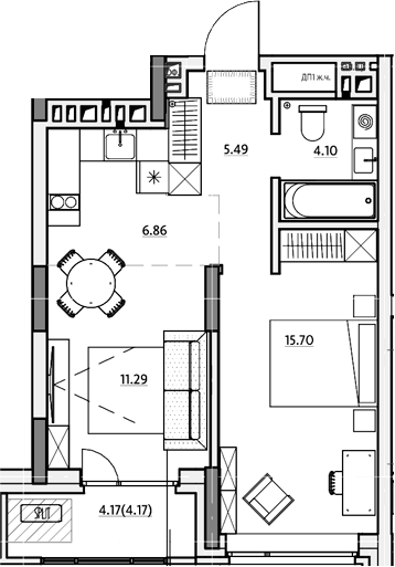 Планировка 2е-к.кв 45.41 м² в ЖК «Звездный. Горно-Алтайск»