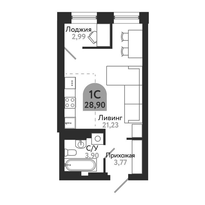 Планировка студии 28.90 м² в ЖК «Квартал 1604. Томск»