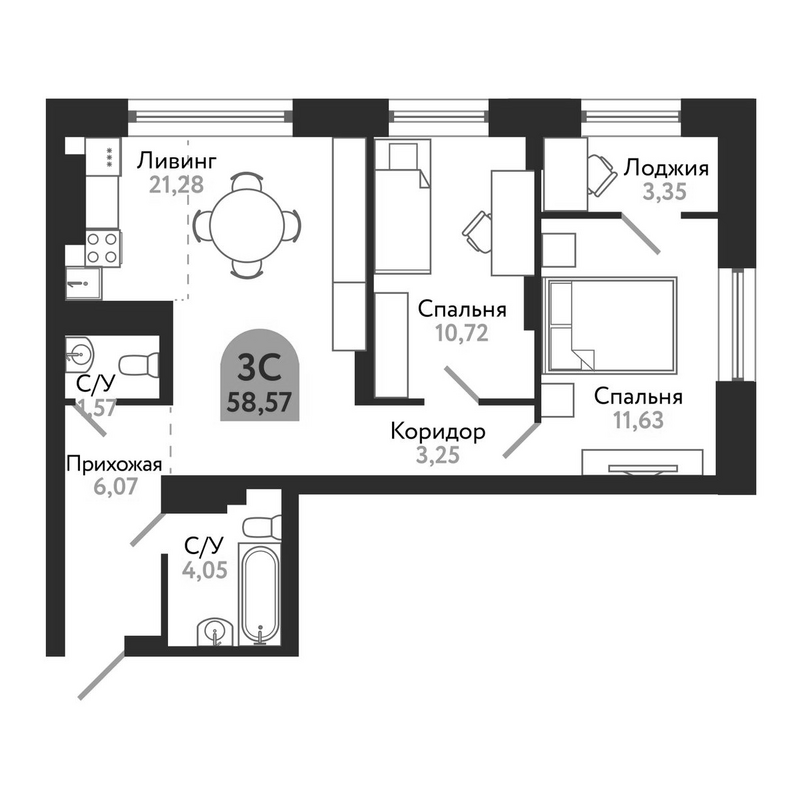 Планировка 3е-к.кв 58.57 м² в ЖК «Квартал 1604. Томск»