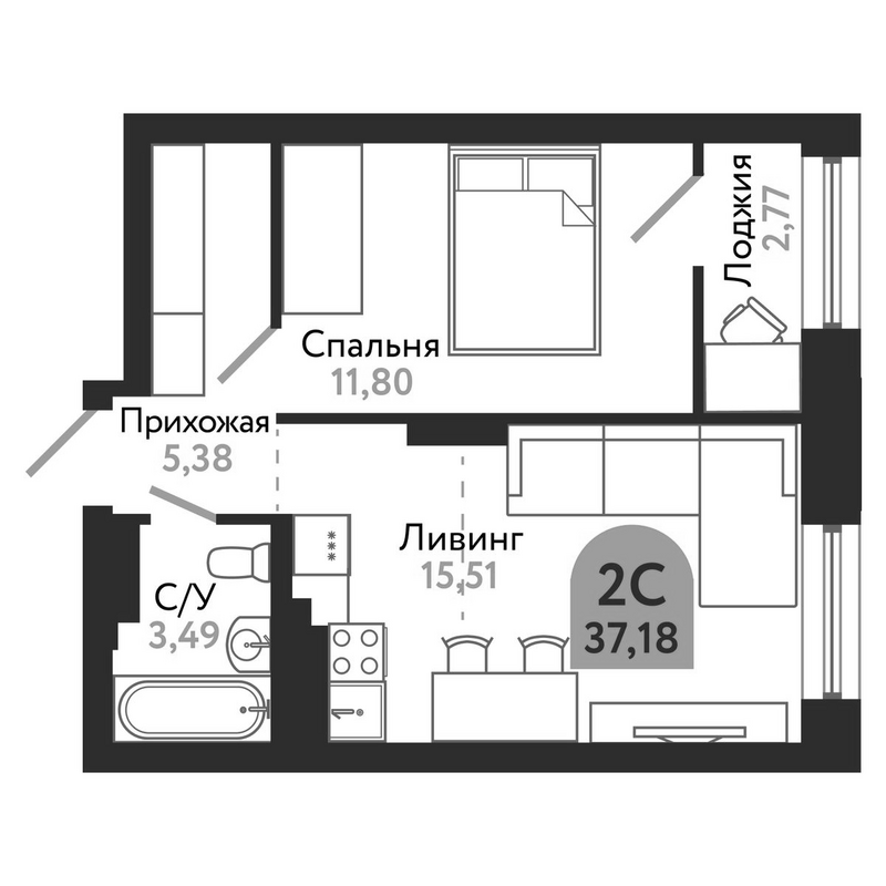 Планировка 2е-к.кв 37.18 м² в ЖК «Квартал 1604. Томск»