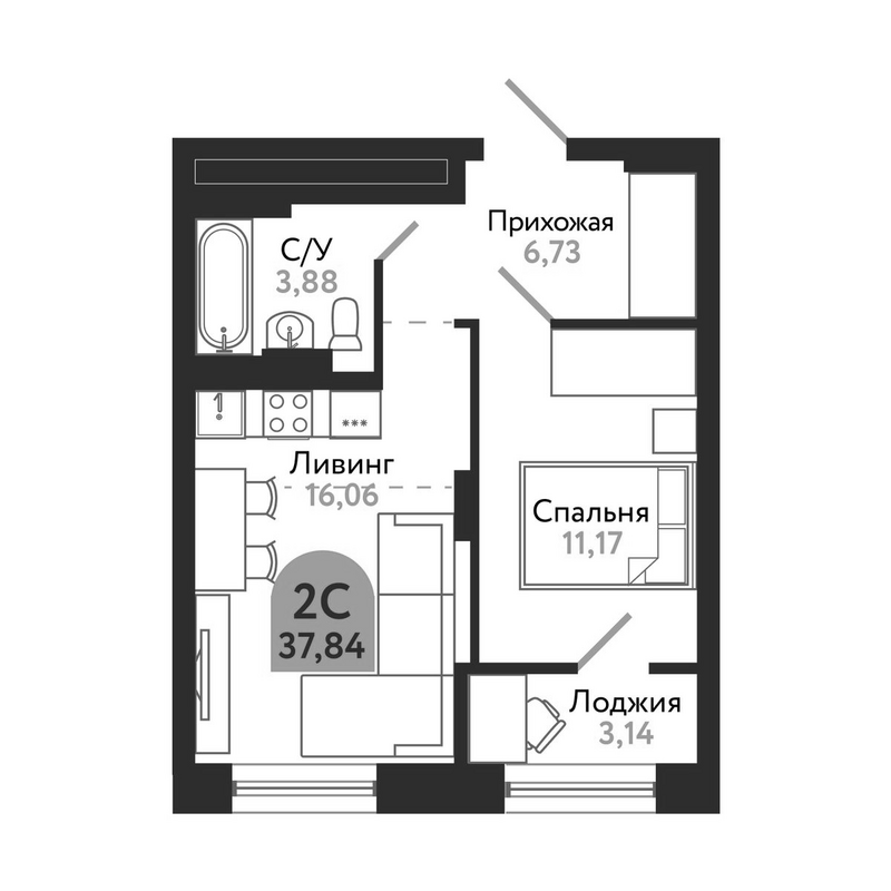 Планировка 2е-к.кв 37.84 м² в ЖК «Квартал 1604. Томск»