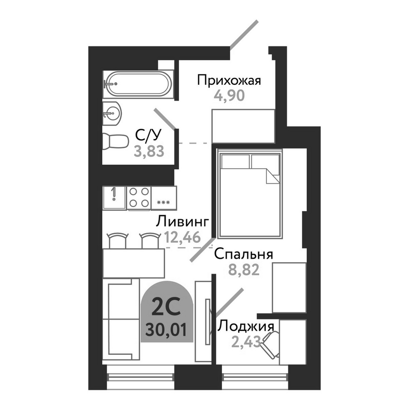 Планировка 2е-к.кв 30.01 м² в ЖК «Квартал 1604. Томск»