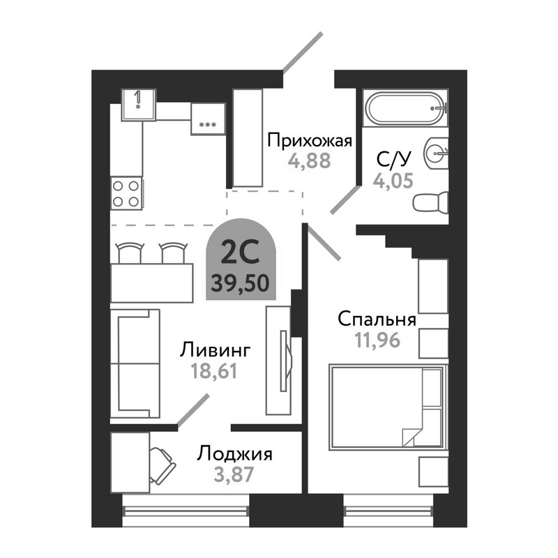 Планировка 2е-к.кв 39.50 м² в ЖК «Квартал 1604. Томск»