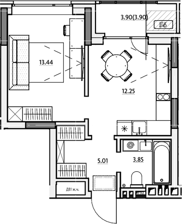 Планировка 1-к.кв 36.75 м² в ЖК «Звездный. Горно-Алтайск»
