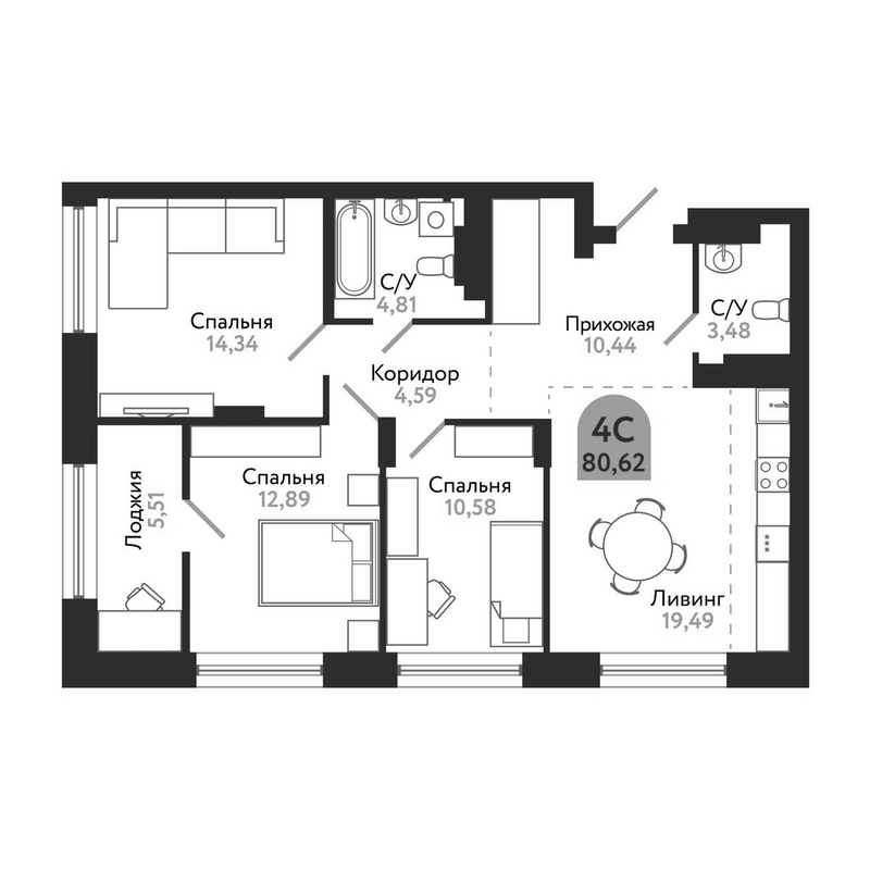 Планировка 4е-к.кв 80.62 м² в ЖК «Квартал 1604. Томск»
