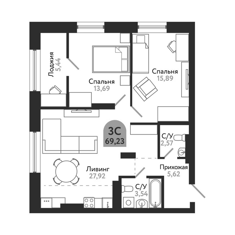 Планировка 3е-к.кв 69.23 м² в ЖК «Квартал 1604. Томск»