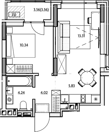 Планировка 1-к.кв 39.72 м² в ЖК «Звездный. Горно-Алтайск»