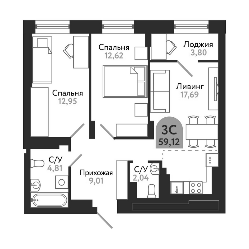 Планировка 3е-к.кв 59.12 м² в ЖК «Квартал 1604. Томск»