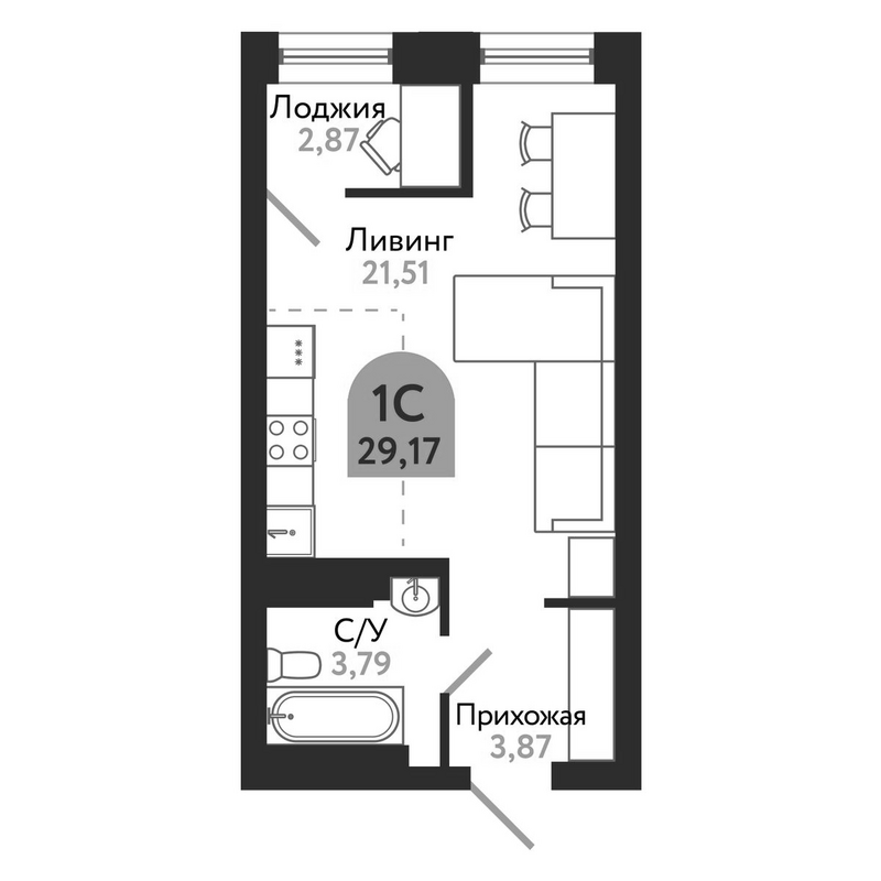 Планировка студии 29.17 м² в ЖК «Квартал 1604. Томск»