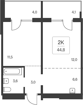 Планировка 2-к.кв 40.75 м² в ЖК «Эко-квартал на Кедровой»