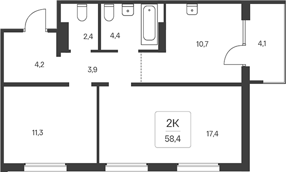 Планировка 2-к.кв 56.35 м² в ЖК «Эко-квартал на Кедровой»