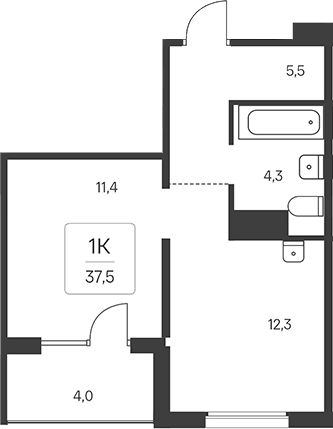 Планировка 1-к. квартира 35.50 м² в ЖК «Эко-квартал на Кедровой»