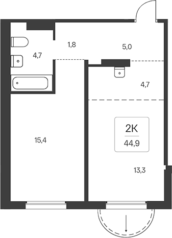 Планировка 2-к. квартира 44.90 м² в ЖК «Эко-квартал на Кедровой»