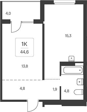 Планировка 1-к. квартира 42.60 м² в ЖК «Эко-квартал на Кедровой»