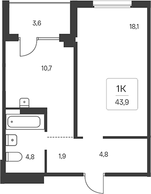 Планировка 1-к.кв 42.10 м² в ЖК «Эко-квартал на Кедровой»