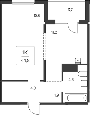 Планировка 1-к.кв 42.95 м² в ЖК «Эко-квартал на Кедровой»