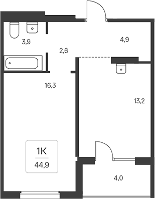 Планировка 1-к.кв 42.90 м² в ЖК «Эко-квартал на Кедровой»