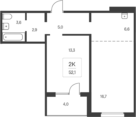 Планировка 2-к.кв 50.10 м² в ЖК «Эко-квартал на Кедровой»