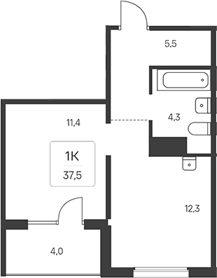 Планировка 1-к.кв 35.50 м² в ЖК «Эко-квартал на Кедровой»